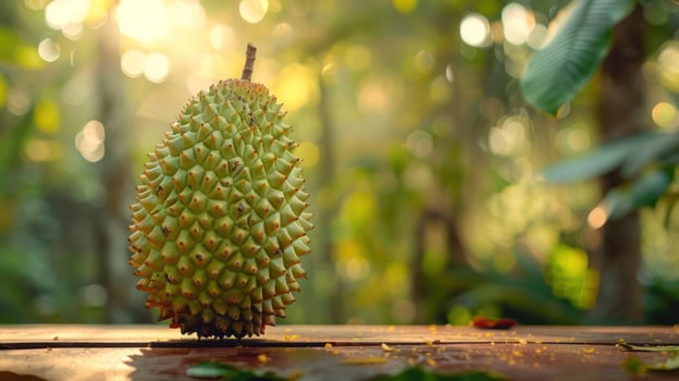A single, unpeeled, fresh green fruit on a wooden board against a forest background during sunset. photo