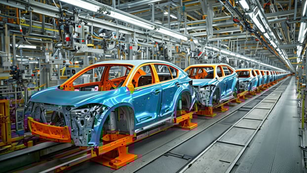 Cars in progress on an automotive assembly line photo