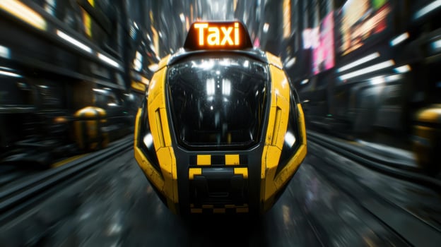 speeding yellow taxi cab in the city at night photo
