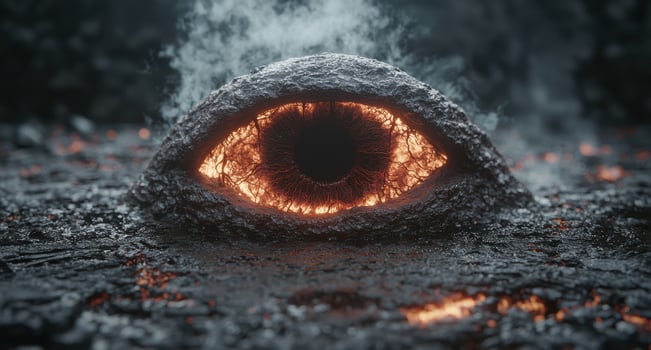 Fiery eye of a mythical creature emerging from the darkness photo