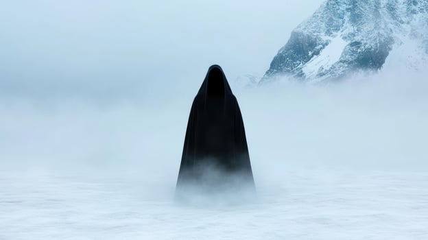 Mysterious figure in black cloak in snowy landscape photo