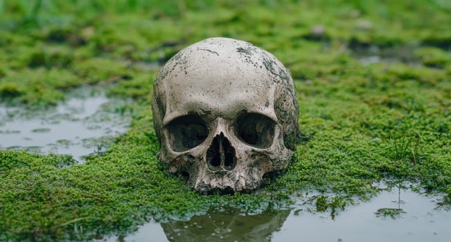 Weathered skull in moss covered forest photo