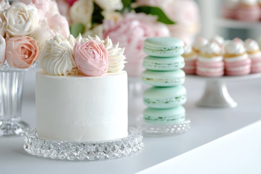elegant wedding cake with flowers and macarons photo
