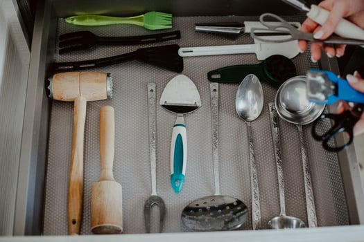 A set of Cutlery in a drawer. Correct placement of knives, forks and spoons in the drawer. Order in the kitchen. The concept of order in the house. photo