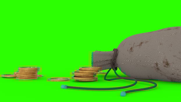 golden coins in pouch with green background photo