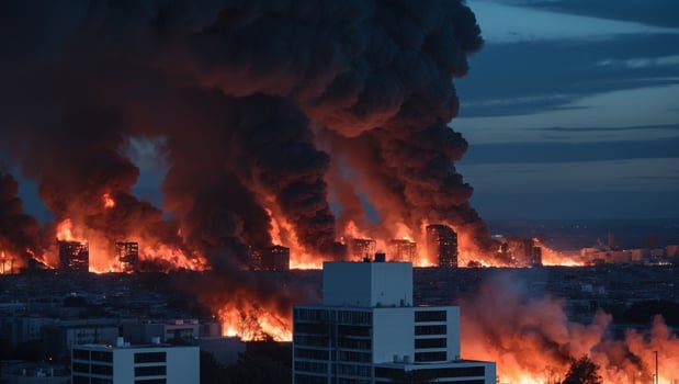 A large fire is burning in the city photo