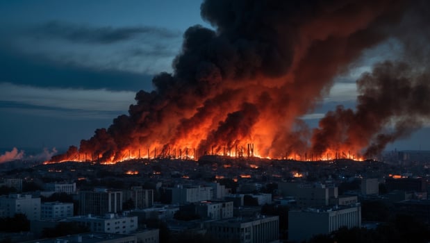 A large fire is burning in the city photo