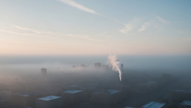 Foggy city skyline with smoke coming out of chimneys photo