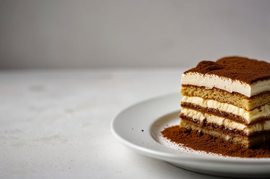 A photo of a tiramisu on a white plate isolated on a white background