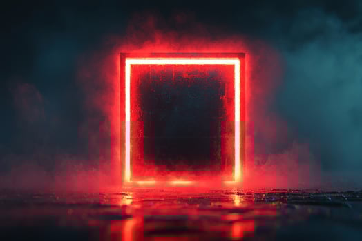 A stunning red neon frame stands against a smoky backdrop, creating a surreal atmosphere of light and shadow. photo