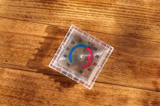 White Thermometer On Wooden Surface Showing A Temperature Of 15 Degrees Celsius photo
