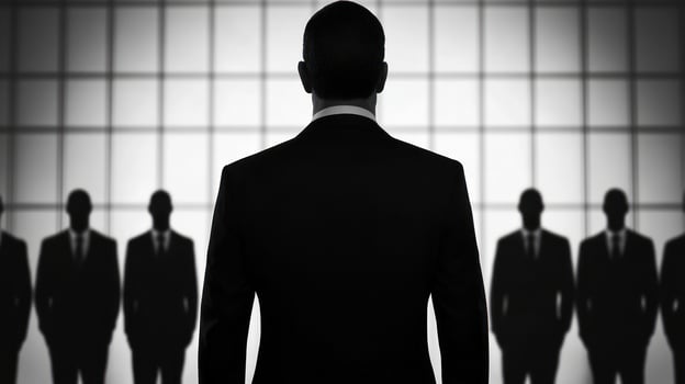 A silhouette of a businessman facing a group in a formal setting, portraying leadership. photo
