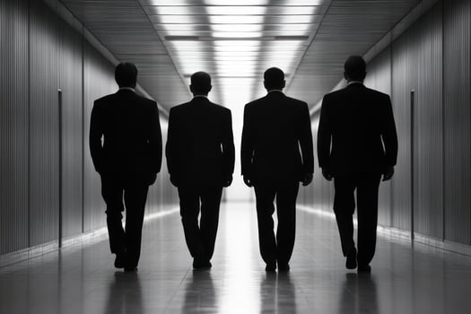 Four businessmen walking together in a modern corridor, exuding professionalism. photo