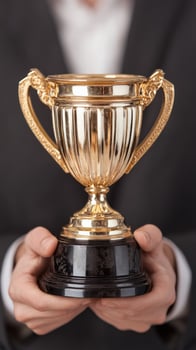 A person holding a gold trophy in a formal setting, celebrating success and achievement. photo