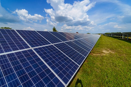 Solar panels field for electricity. Modern ecology sun energy batteries. photo