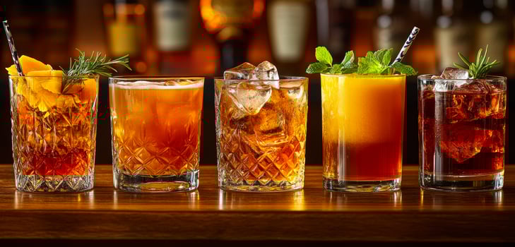A row of drinks on a bar counter, including a variety of cocktails and a glass of orange juice photo