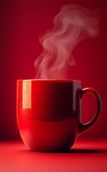 A red coffee mug with steam coming out of it. The steam is rising and the mug is sitting on a red background photo