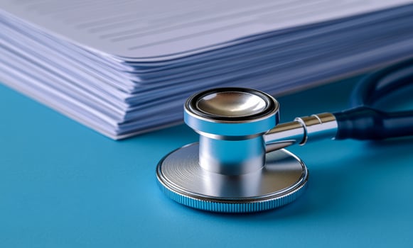 A stethoscope is on top of a stack of papers. The stethoscope is silver and the papers are white photo