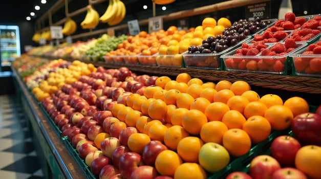 Fresh Produce Display Colorful Fruits in a Grocery Store Aisle photo