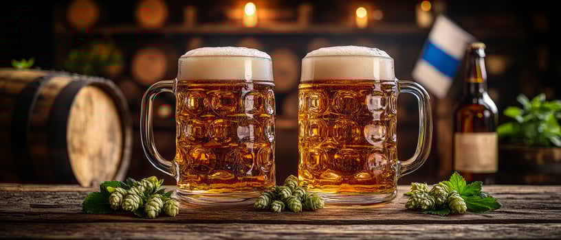 Two mugs of beer are on a wooden table with a bunch of green plants. Scene is relaxed and casual, as it seems like a gathering of friends or family enjoying a drink together photo