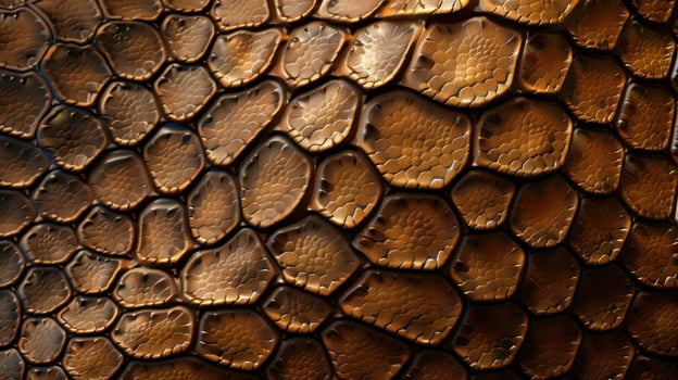 Close-up of a brown reptile's textured skin, showing overlapping scales. photo
