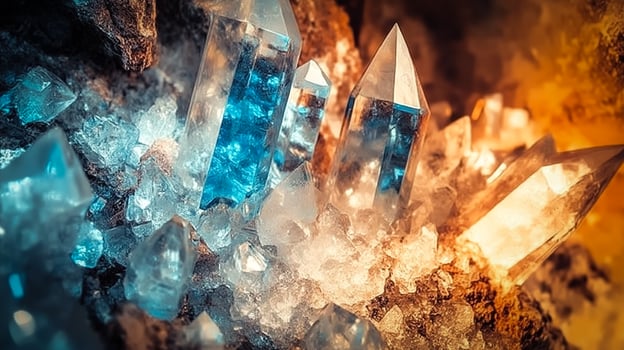 Vibrant colorful crystals displayed beautifully on a textured table photo