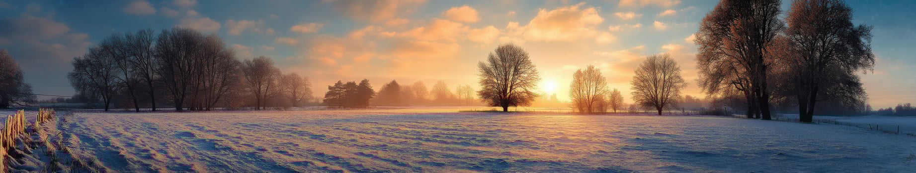 Winter sunrise over a snowy landscape with trees in the distance photo