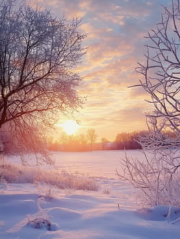Winter sunrise over a snowy landscape with frosted trees at dawn photo