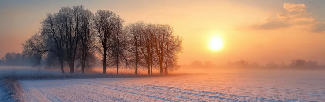 Sunrise over snowy field with silhouetted trees in winter landscape photo