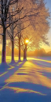 Sunrise illuminates snowy landscape with silhouetted trees in winter photo