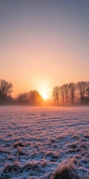 Frosty sunrise over a meadow with silhouetted trees in winter photo