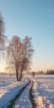 Snowy pathway leading to a winter landscape at sunset in a rural area photo