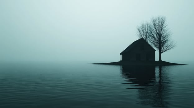 Mysterious house and tree on lonely island surrounded by foggy water photo