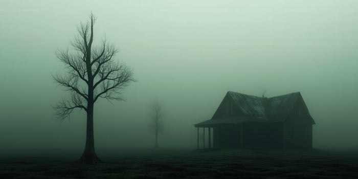 Misty landscape with an abandoned house and leafless trees at dawn photo