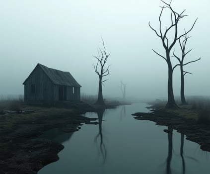 A solitary cabin stands near a still waterway, enveloped in thick fog photo