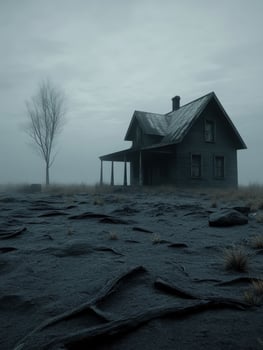 Abandoned house surrounded by barren landscape on a foggy day photo