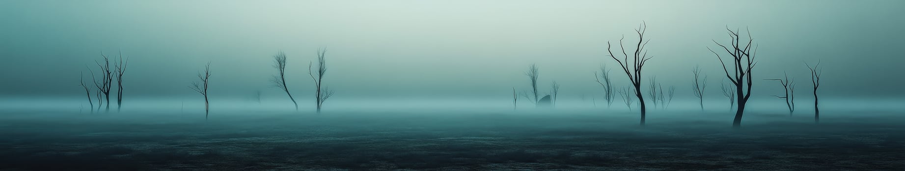 Fog envelops barren trees in a desolate landscape at dawn photo