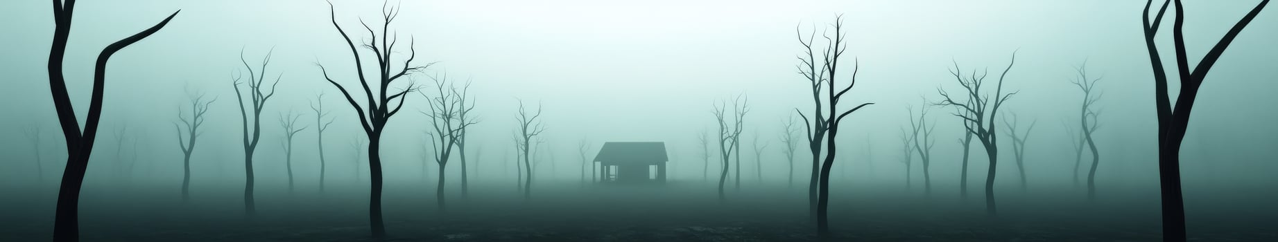A solitary cabin in a misty forest with bare trees at dusk photo