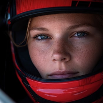 Race car driver intensely focused before a vibrant competition photo