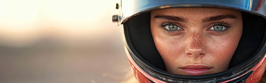 Young woman wearing a racing helmet during sunset at the track photo