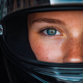 A close-up of a racer eye behind a black helmet during a race photo