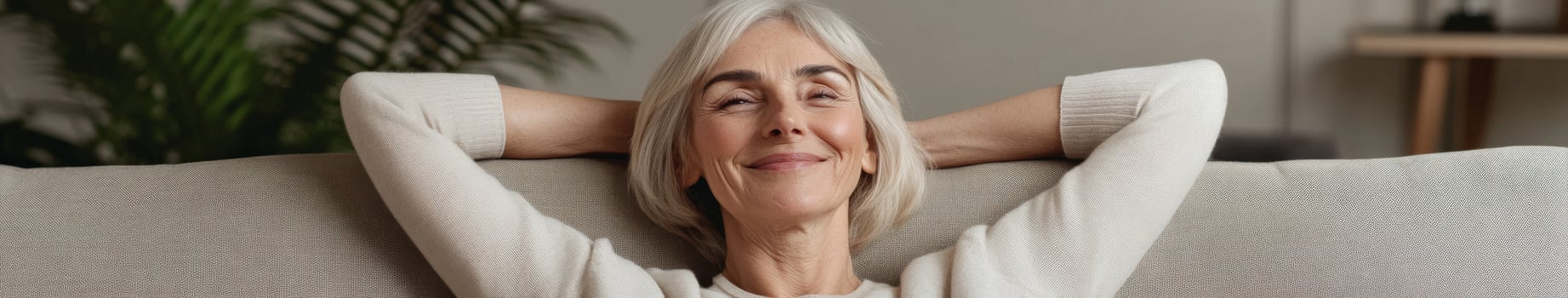 Relaxed senior woman enjoying quiet time in a cozy living room photo