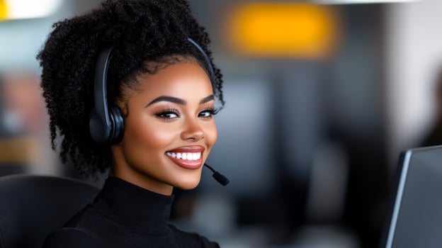 A woman wearing a headset and smiling. She is a customer service representative. The image conveys a positive and friendly atmosphere photo