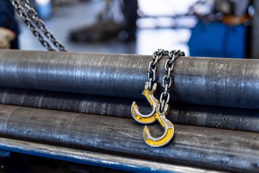 Factory warehouse of metalworking close up view. Metal construction technology. photo