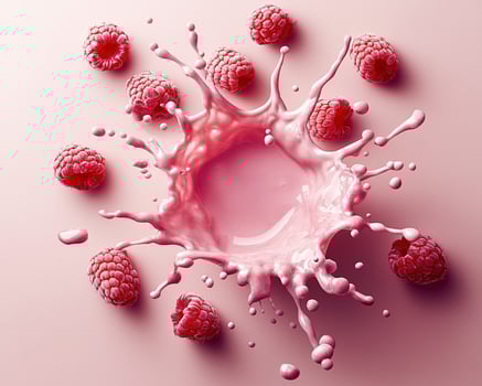 Raspberries and milk splash on pink background photo