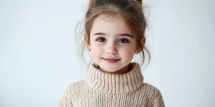 Close-up portrait of a fashionable modern little girl, a child in a winter sweater posing against a white background, smiling adorably while standing in front of the white backdrop. photo