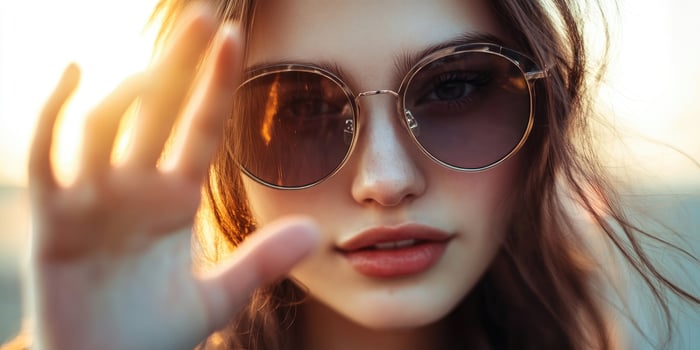 Horizontal shot with selective focus on the hand of a young woman wearing sunglasses. photo