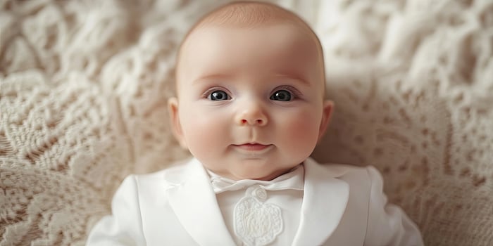 Close-up portrait of an adorable newborn baby dressed in a white suit. photo
