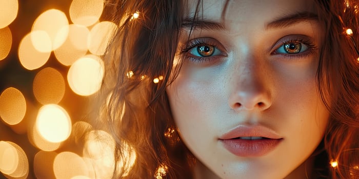 beauty and people concept - face of an attractive young woman against a backdrop of festive lights photo