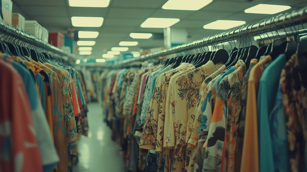 Wide view of local shopping store with mens wear on racks filled with hanging clothes. photo